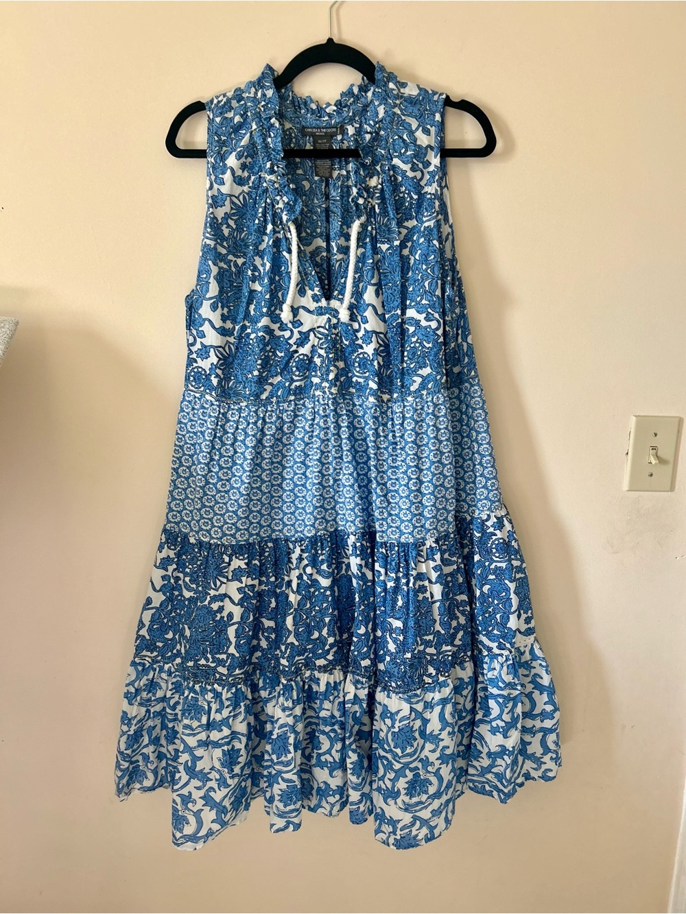 Chelsea & Theodore Blue White Floral Mixed Print Tiered Dress Plus Size 1X Boho